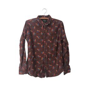 Obey Propaganda Mens Burgundy Feather Print Flannel Boho Button Shirt Size Small